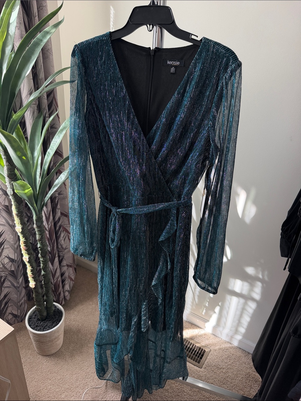 Kensie Iridescent Teal Long Sleeve Wrap Maxi Dress